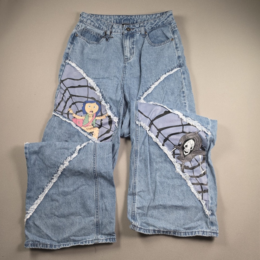 Hot Topic Coraline Panel Chain Wide Leg Jeans Womens 3 Light Wash Graphic Denim